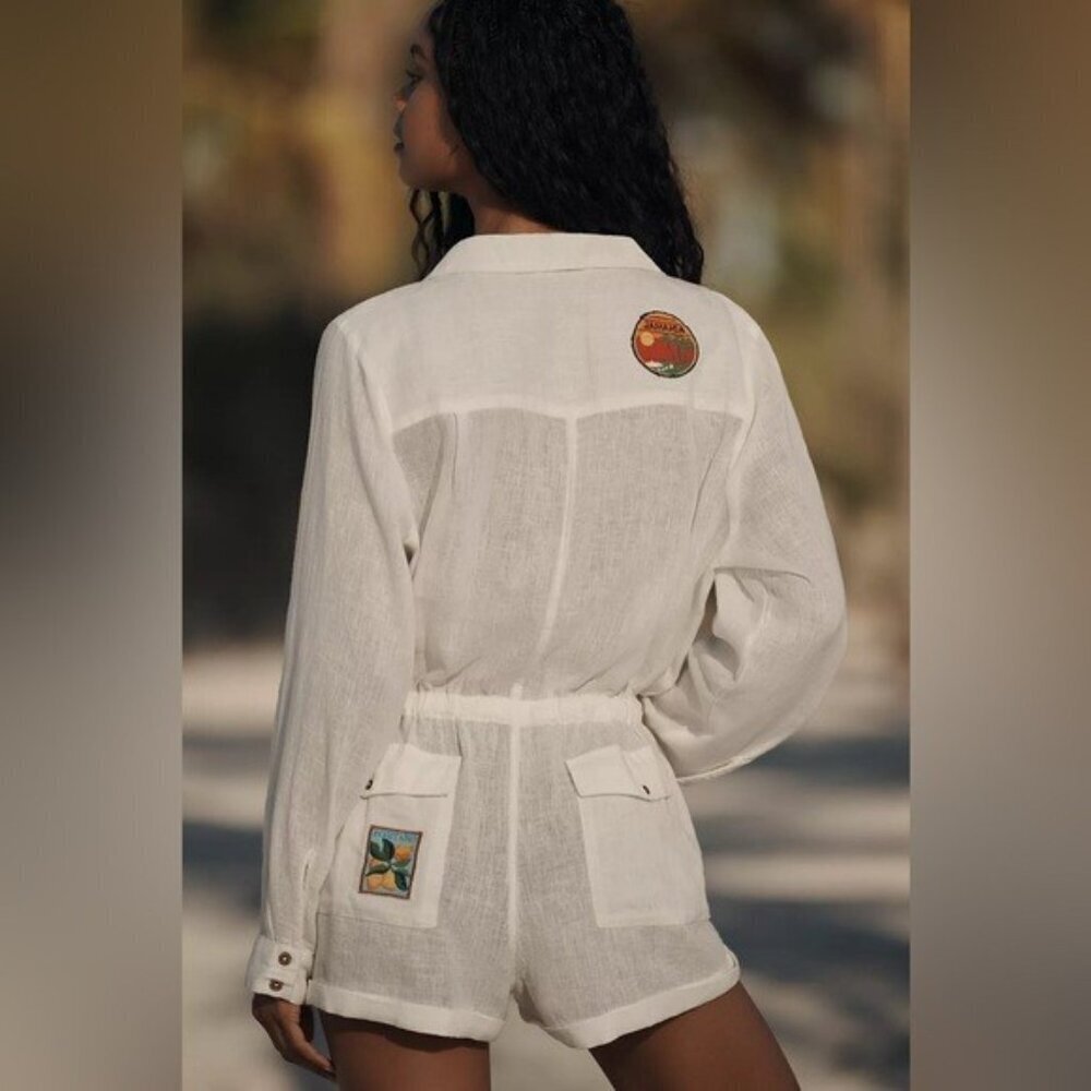 NWT Size M -Celandine Patched Linen Blend Buttondown Utility Romper NWT US$ 128